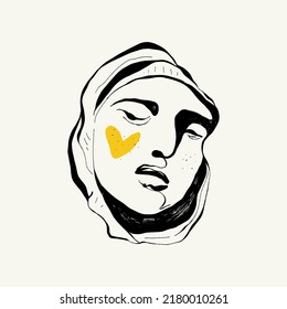 Linear drawings of heads of antique statues of the goddess and mythical god in the engraving style. Creative minimal linear woman vector with growing branch from her head.