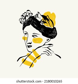 Linear drawings of heads of antique statues of the goddess and mythical god in the engraving style. Creative minimal linear woman vector with growing branch from her head.