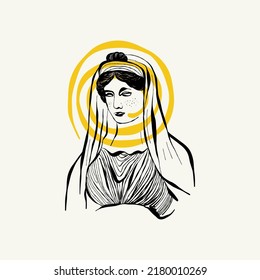 Linear drawings of heads of antique statues of the goddess and mythical god in the engraving style. Creative minimal linear woman vector with growing branch from her head.