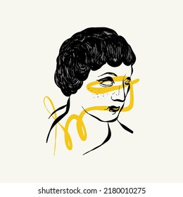 Linear drawings of heads of antique statues of the goddess and mythical god in the engraving style. Creative minimal linear woman vector with growing branch from her head.