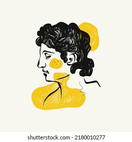 Linear drawings of heads of antique statues of the goddess and mythical god in the engraving style. Creative minimal linear woman vector with growing branch from her head.