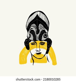 Linear drawings of heads of antique statues of the goddess and mythical god in the engraving style. Creative minimal linear woman vector with growing branch from her head.