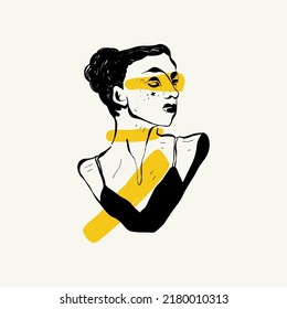 Linear drawings of heads of antique statues of the goddess and mythical god in the engraving style. Creative minimal linear woman vector with growing branch from her head.