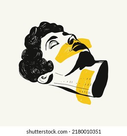 Linear drawings of heads of antique statues of the goddess and mythical god in the engraving style. Creative minimal linear woman vector with growing branch from her head.