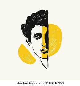 Linear drawings of heads of antique statues of the goddess and mythical god in the engraving style. Creative minimal linear woman vector with growing branch from her head.
