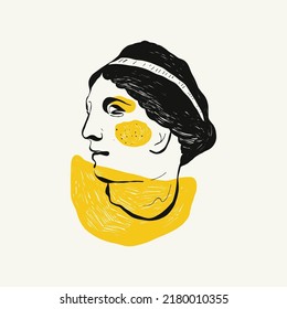 Linear drawings of heads of antique statues of the goddess and mythical god in the engraving style. Creative minimal linear woman vector with growing branch from her head.
