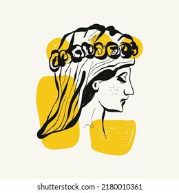 Linear drawings of heads of antique statues of the goddess and mythical god in the engraving style. Creative minimal linear woman vector with growing branch from her head.