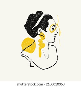 Linear drawings of heads of antique statues of the goddess and mythical god in the engraving style. Creative minimal linear woman vector with growing branch from her head.