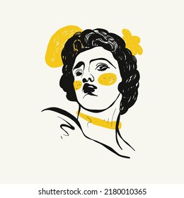 Linear drawings of heads of antique statues of the goddess and mythical god in the engraving style. Creative minimal linear woman vector with growing branch from her head.