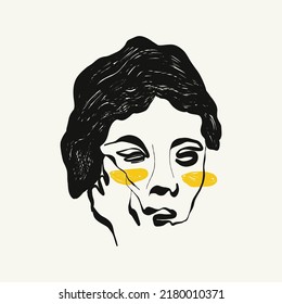 Linear drawings of heads of antique statues of the goddess and mythical god in the engraving style. Creative minimal linear woman vector with growing branch from her head.