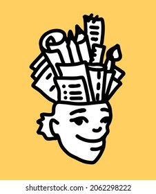 Linear drawn cartoon character head is filled with synopses, clever notes and various information.
