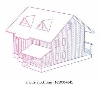 Casa dibujada linealmente. El edificio está construido con bloques de ladrillo. Extensión de color. Aislamiento gráfico vectorial