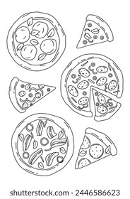 juego de Vector dibujado lineal de diferentes pizzas