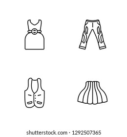Linear Drees, Vest, Boyfriend Low Jean, Tulle Skirt Vector Illustration Of 4 outline Icons. Editable Pack Of Drees, Vest, Boyfriend Low Jean, Tulle Skirt