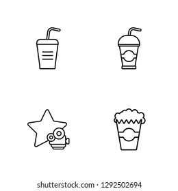 Linear Drink with straw, Famous cinema star, Take Away Drink, Popcorn bag Vector Illustration Of 4 outline Icons. Editable Pack Of Drink with straw, Famous cinema star, Take Away Drink, Popcorn bag