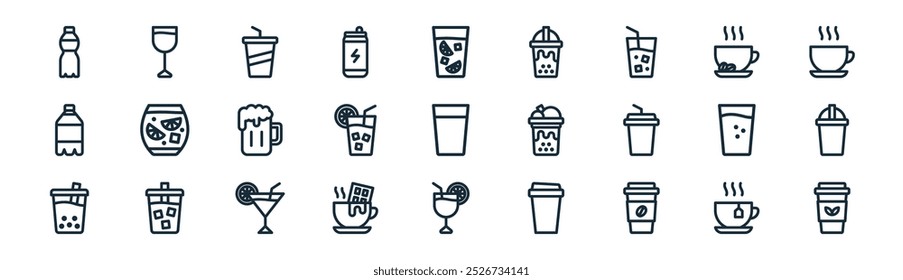 linear drinks icon pack. vector thin line hot tea, wine glass, paper cup, hot coffee, fruit juice, plastic cup, cocktail, tea cup icons suitable for apps and websites ui designs