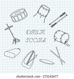 Linear drum icons on the notebook sheet in a cage. Doodle. Vector illustration