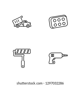 Linear Dumper, Paint roller, Brick, Driller Vector Illustration Of 4 outline Icons. Editable Pack Of Dumper, Paint roller, Brick, Driller