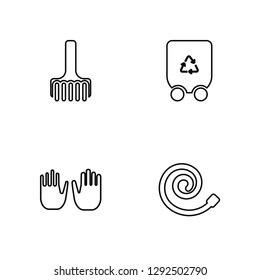 Linear Duster, Gloves, Container, Hose Vector Illustration Of 4 outline Icons. Editable Pack Of Duster, Gloves, Container, Hose