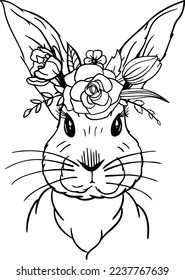 Conejo de Pascua Lineal con flores y hojas. Este arte es perfecto para tarjetas de invitación, decoración primavera y verano, tarjetas de felicitación, carteles, reservas de recortes, impresión, etc.
