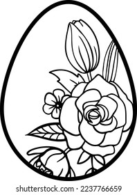Linear easter egg with rose flowers and leaves. This art is perfect for invitation cards, spring and summer decor, greeting cards, posters, scrapbooking, print, etc.