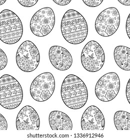 Linear Easter eggs sketches Seamless pattern for anti-stress meditation coloring book and happy easter decoration. Vector Doodle style  illustration