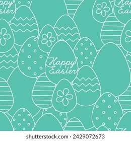 Linear Easter eggs with Text Happy Easter, dots and stripes seamless pattern. Vector illustration.