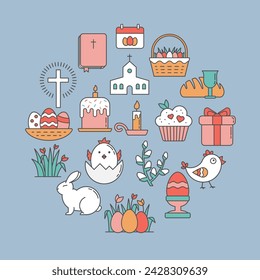 Linear Easter Set with Egg, Baby Chick, Pussy Willow, Rabbit, Bible Book, Calendar, Traditional American Church, Cross, Easter Cake Kulich, Spring Flowers Tulips and Grass