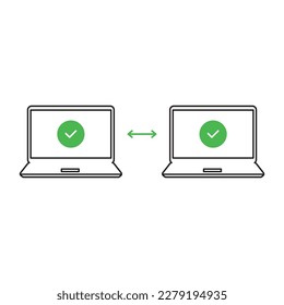linear easy file transfer or data backup. concept of info or doc migration on notebook screen and electronic archive storage. simple stroke modern graphic linear web art design isolated on white