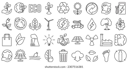 Iconos de ecología lineal. Icono relacionado ecológico establecido en un estilo mínimo.