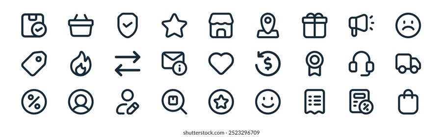 linear ecommerce icon pack. vector thin line tax, shopping basket, shield, megaphone, email, transport, best seller, shopping bag icons suitable for apps and websites ui designs