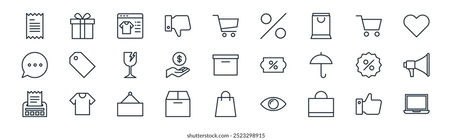 linear ecommerce icon pack. vector thin line like, gift, ecommerce, shopping cart, saving, megaphone, shopping bag, laptop icons suitable for apps and websites ui designs