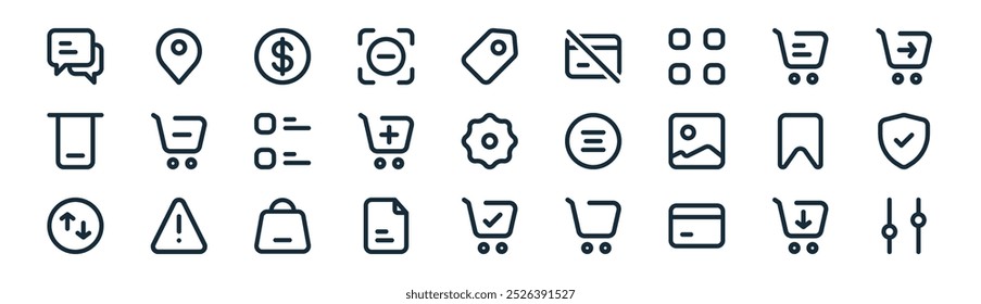 linear ecommerce icon pack. vector thin line smart cart, location, dollar, cart, add to cart, protect, purchase order, filter icons suitable for apps and websites ui designs