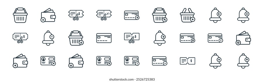 linear ecommerce icon pack. vector thin line notification bell, wallet, discount ticket, notification bell, credit card, wallet, id card, notification bell icons suitable for apps and websites ui
