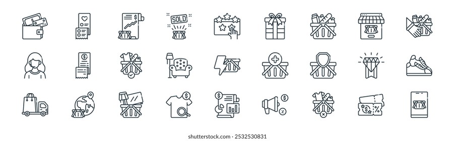 linear ecommerce icon pack. vector thin line coupon, wishlist, sales report, online store, home decor, shoes, report business, ecommerce icons suitable for apps and websites ui designs