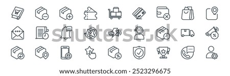 linear ecommerce icon pack. vector thin line phone call, cancel, add, shopping bag, ting, discount, discount, user account icons suitable for apps and websites ui designs