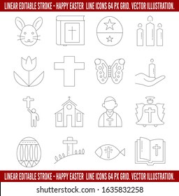 Linear Editable Stroke - Happy Easter Icons Set  64 px Grid Pixel Perfect. Vector Illustration.