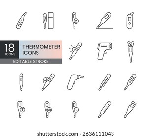 Linear editable stroke icons of various thermometers including digital, ear, infrared, mercury, and contact models with backlight, timer, display and child-friendly features for medical use