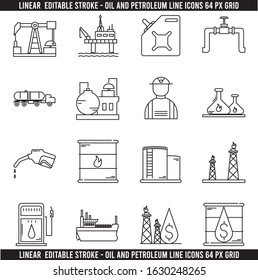 Linear Editable Stroke - Oil and Petroleum line icons 64 px Grid Pixel Perfect. Vector Illustration.