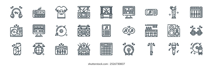 linear edm icon pack. vector thin line microphone, synthesizer, tshirt, cocktail, boom box, glasses, sampler, remix icons suitable for apps and websites ui designs