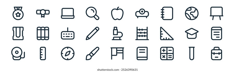 linear education icon pack. vector thin line flask, diploma, laptop, globe, pencil, notebook, teacher desk, backpack icons suitable for apps and websites ui designs