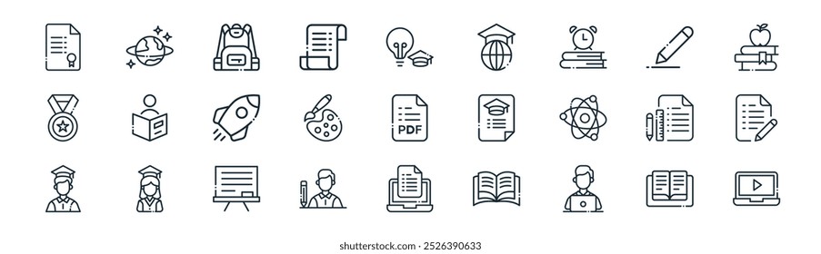 linear education icon pack. vector thin line book, globe, student bag, pencil, art, pencil and paper, exam, video streaming icons suitable for apps and websites ui designs