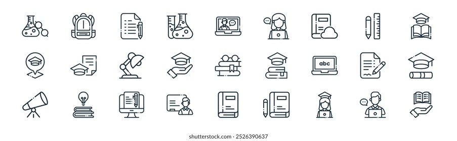 linear education icon pack. vector thin line teacher, student bag, pen and paper, pencil and ruler, graduation, graduation, book, book icons suitable for apps and websites ui designs