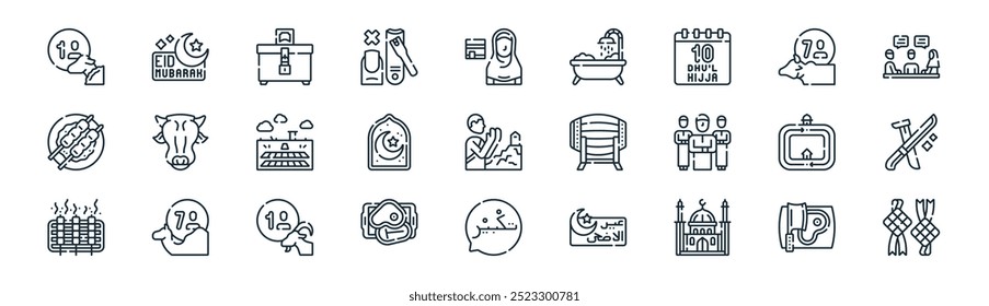 linear eid aladha icon pack. vector thin line butcher, eid mubarak, charity, cow, crescent moon, blade, takbir, ketupat icons suitable for apps and websites ui designs