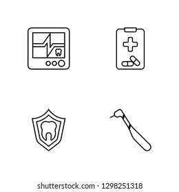 Linear Ekg monitor, Protection, Medical prescription, Dental drill Vector Illustration Of 4 outline Icons. Editable Pack Of Ekg monitor, Protection, Medical prescription, Dental drill