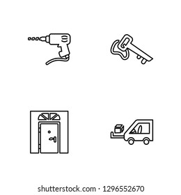Linear Electric Drill, Big Door, Home Key, Trolley Truck Vector Illustration Of 4 outline Icons. Editable Pack Of Electric Drill, Big Door, Home Key, Trolley Truck