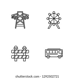 Linear Electric tower, Barrier, Ferris wheel, School bus Vector Illustration Of 4 outline Icons. Editable Pack Of Electric tower, Barrier, Ferris wheel, School bus
