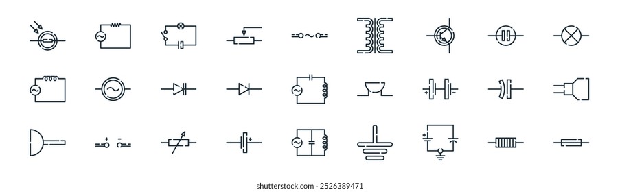linear electrical circuit icon pack. vector thin line heating element, resistor, circuit diagram, neon lamp, diode, loudspeaker, parallel lc circuits, fuse icons suitable for apps and websites ui