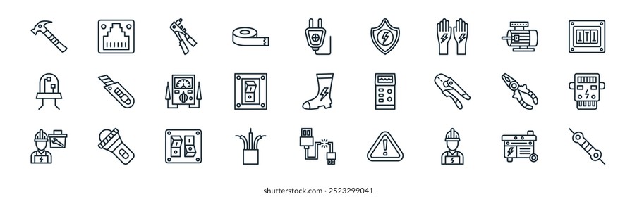 linear electrician tools icon pack. vector thin line electric generator, rj, riveter, motor, switch, electric meter, broken cable, resistor icons suitable for apps and websites ui designs