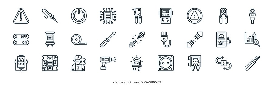 ferramentas elétricas lineares ícone pack. vetor fiação linha fina, ferro de solda, interruptor, crimping, chave de parafuso, analisador, diodo, ícones de corte adequados para aplicativos e sites projetos de iu